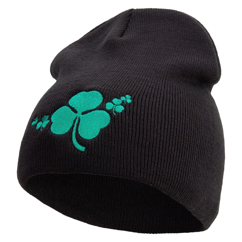 St.Patrick Day Clovers Logo Embroidered 8 inch Acrylic Short Beanie Black One Size