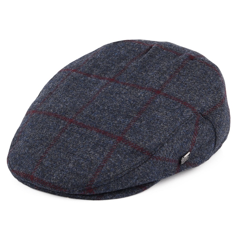 Failsworth Hats Cambridge Windowpane Moons Flat Cap – Navy-Burgundy 55