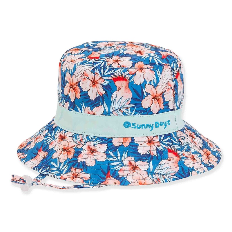 Hibiscus and Cockatoos Reversible Bucket Hat for Petite Heads – Sunny Dayz Hats Blue M/L (55 cm)