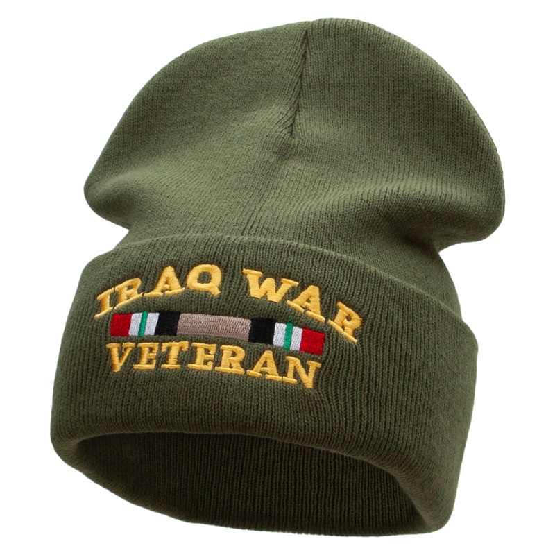 Iraq War Ribbon Embroidered 12 Inch Solid Knit Cuff Long Beanie Made in USA Military Green One Size