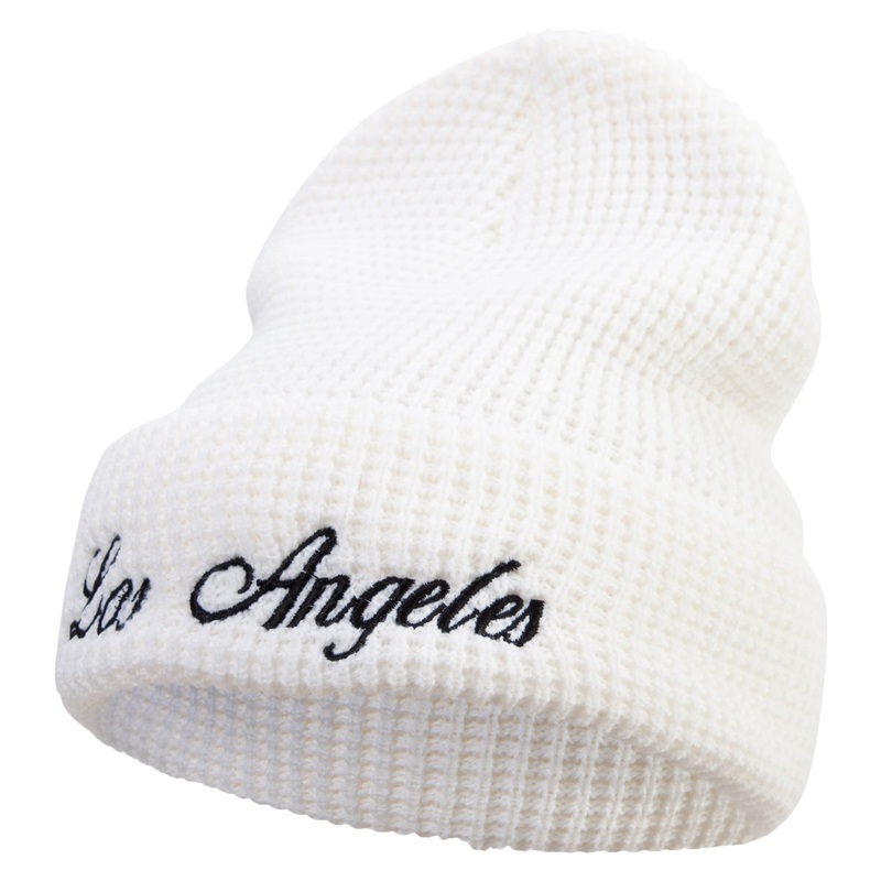 Los Angeles Emrboidered Big Stretch Waffle Stitch Cuff Beanie White XL-3XL