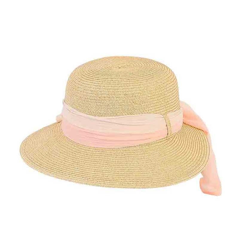 Petite Asymmetrical Brim Hat with Chiffon Scarf – Fun Day Sun Hat Pink Small (55 cm)