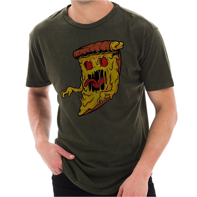 Pizza Monster Graphic Design Unisex Ring Spun Cotton Vintage Short Sleeve Crewneck Tee Shirt Vintage Olive XS