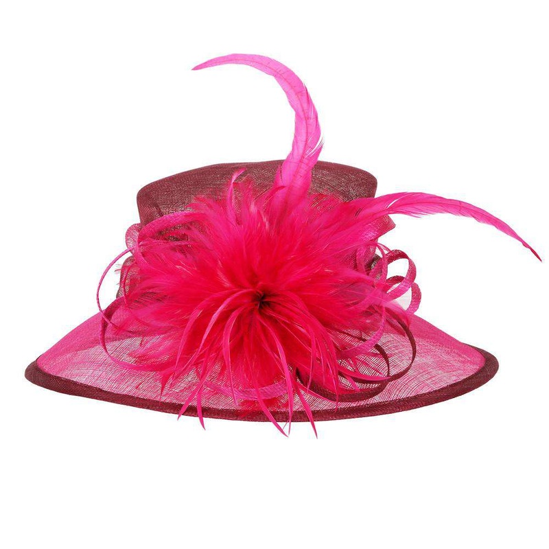Sinamay Derby Hat with Feather Flower Accent Fuchsia