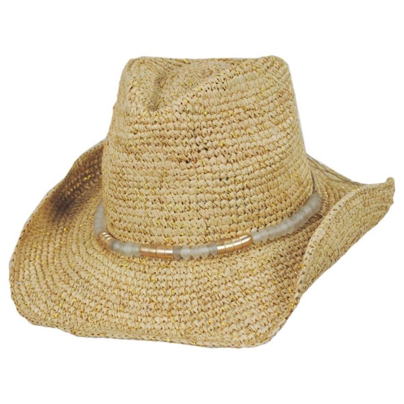 Chrysta Raffia Crochet Straw Western Hat NATURAL/GOLD ONE SIZE FITS MOST