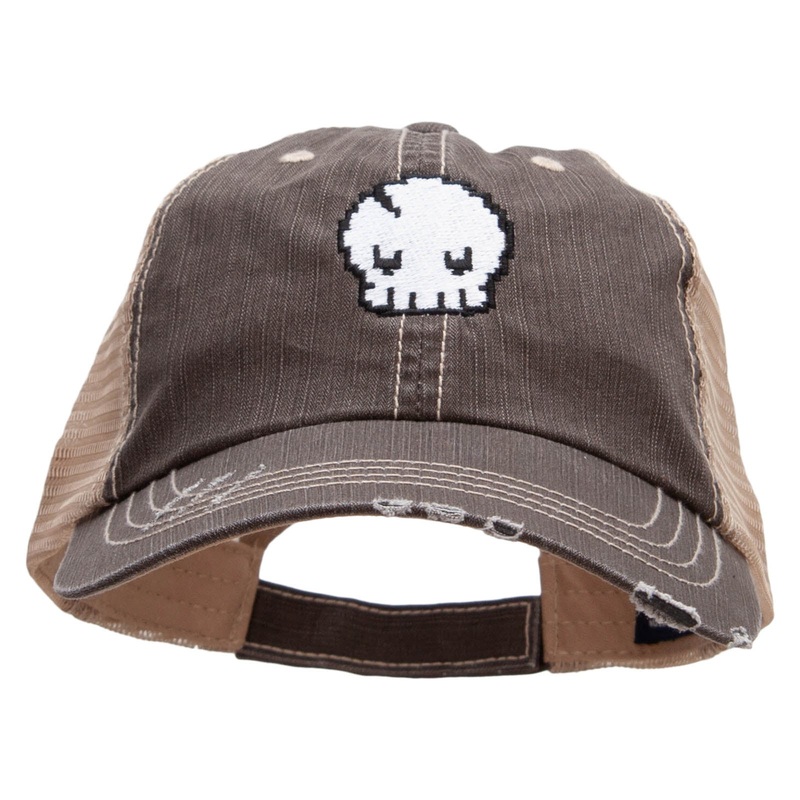 Pixel Skull Embroidered Low Profile Special Cotton Mesh Cap Brown Khaki One Size