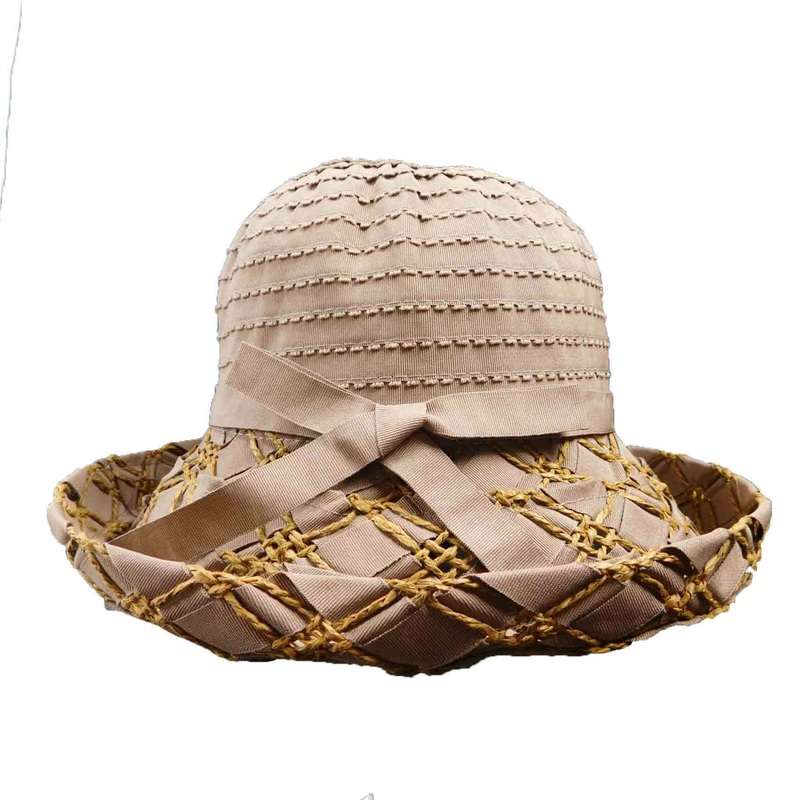 Ribbon Hat with Criss Cross Straw  Kettle Brim Beige