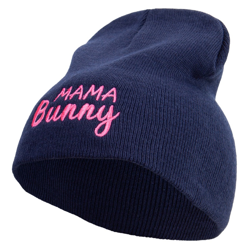Easter Mama Bunny Quotes Embroidered 8 inch Acrylic Short Beanie Navy One Size