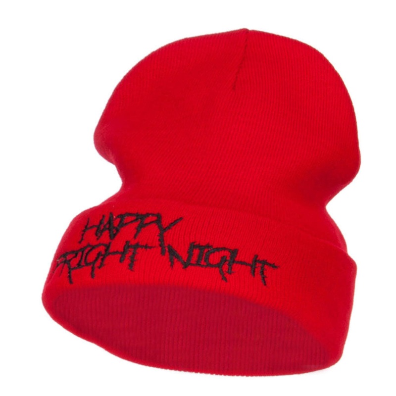 Happy Fright Night Embroidered Long Beanie Red One Size