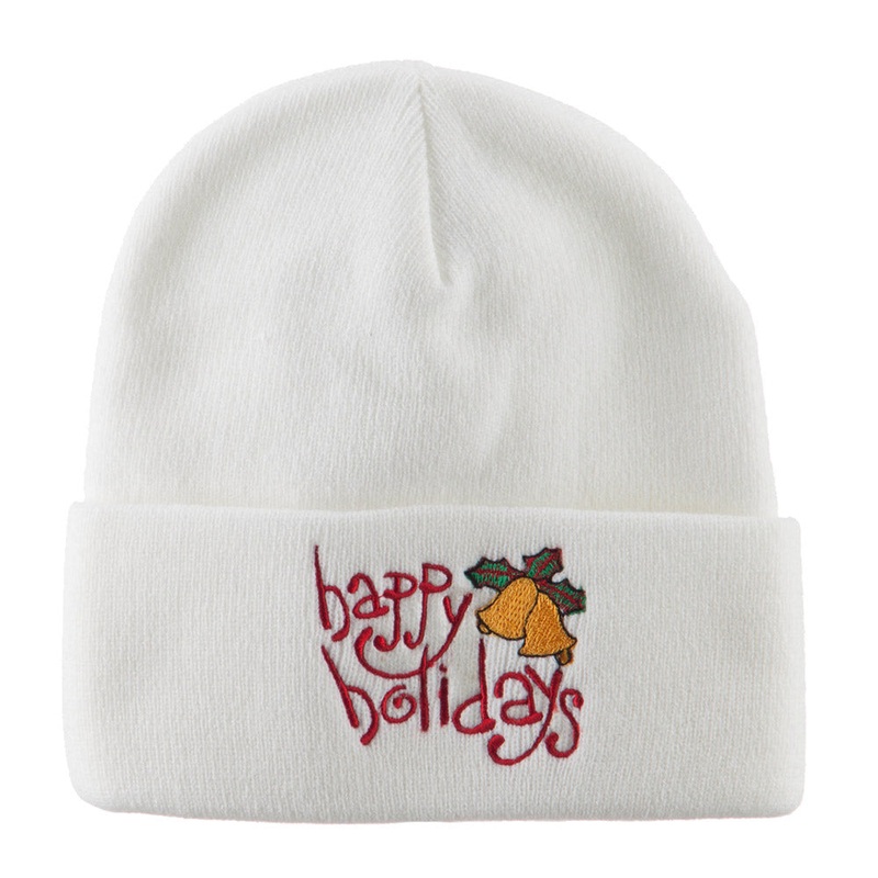 Happy Holidays with Bells Embroidered Long Beanie White One Size