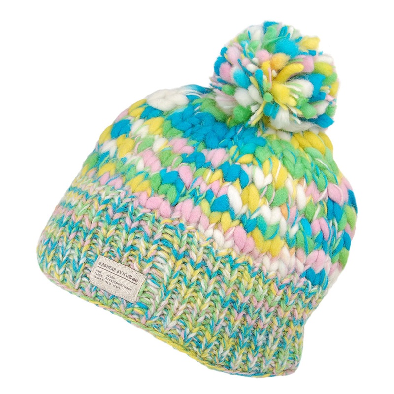 Kusan Uneven Yarn Bobble Hat – Green-Yellow 1-Size