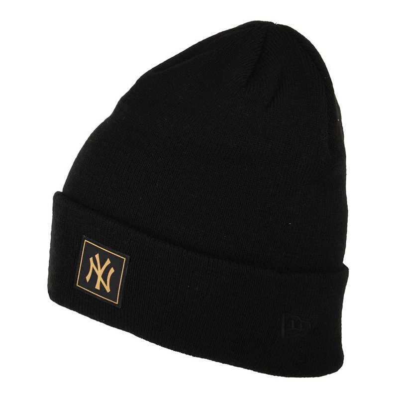 New Era New York Yankees Beanie Hat – MLB Metallic Badge Cuff Knit – Black-Gold 1-Size