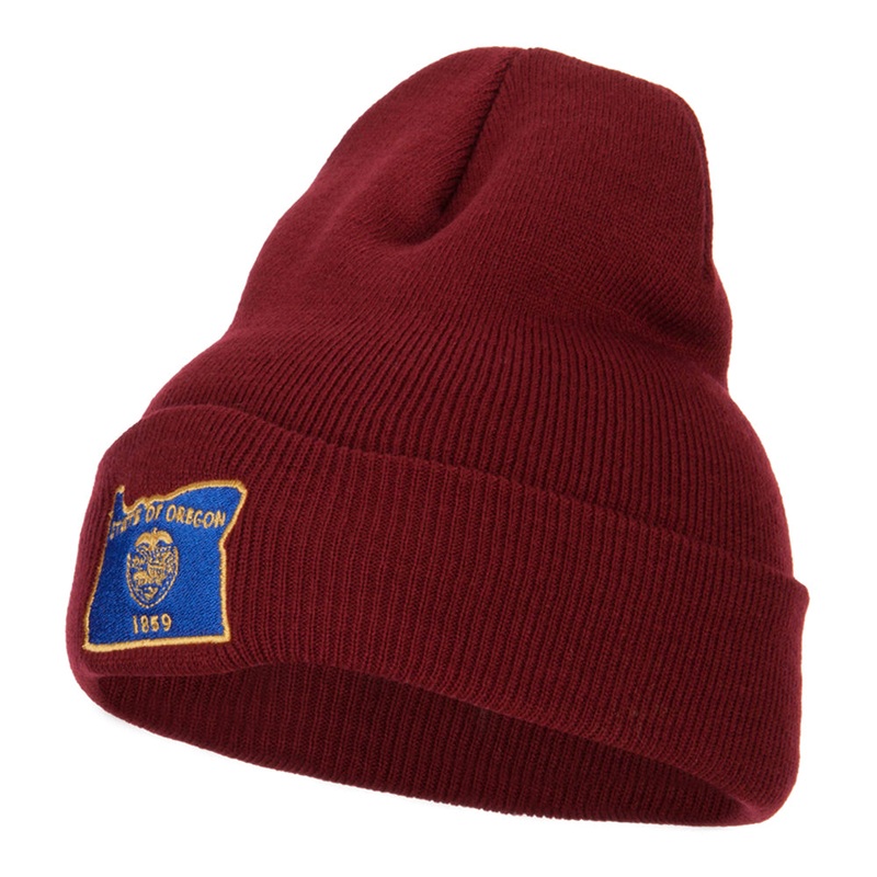 Oregon State Flag Map Embroidered Long Beanie Maroon One Size