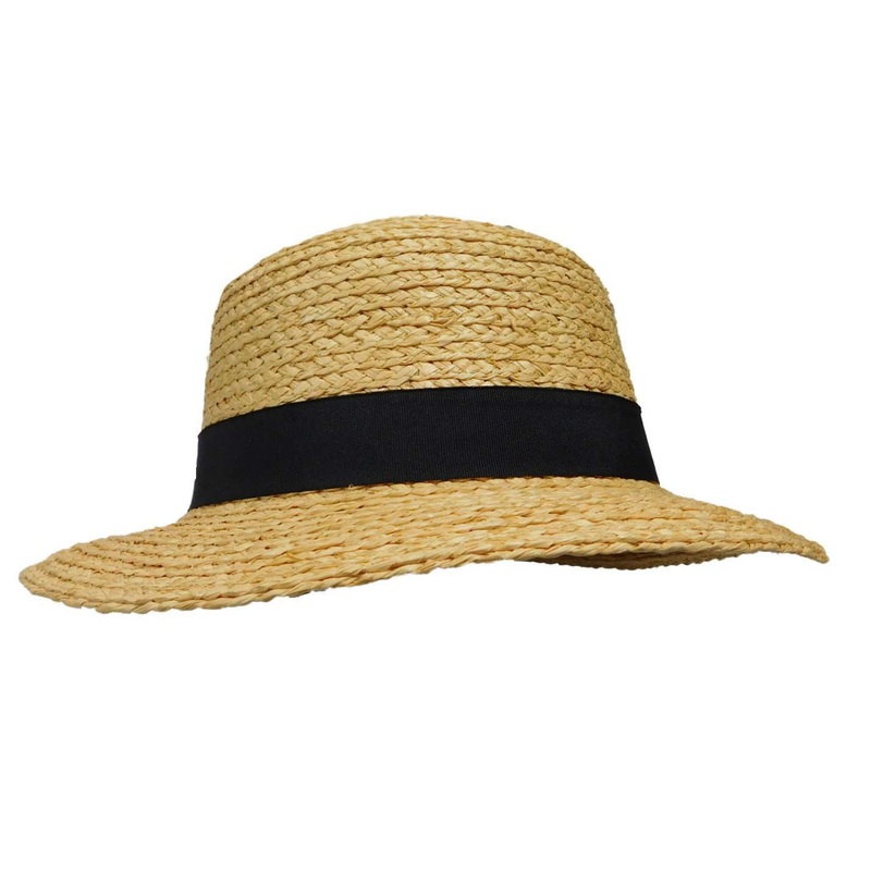 Raffia Braid Boater Hat with Black Ribbon Band – Boardwalk Style Natural Medium (57 cm)