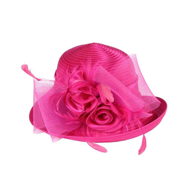 Satin Braid Dress Hat with Rose and Feathers Fuchsia