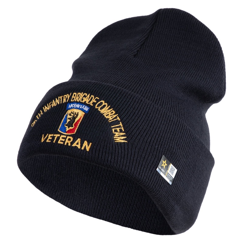 U.S. Army 86th Infantry Brigade Combat Team Logo Embroidered 12 Inch Solid Knit Cuff Long Beanie Made in USA Navy One Size