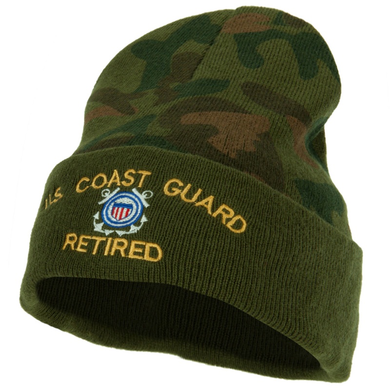 US Coast Guard Retired Logo Embroidered Camo Knit Long Cuff Beanie Green One Size