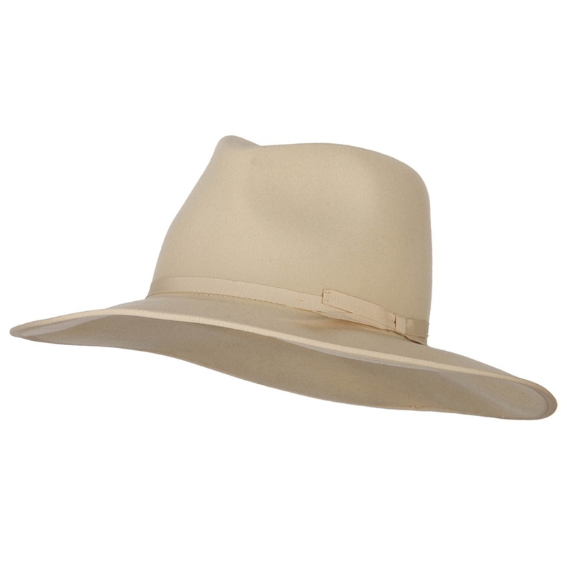 Women’s Thin Ribbon Band Trim Large Brim Wool Felt Fedora Hat Ivory One Size