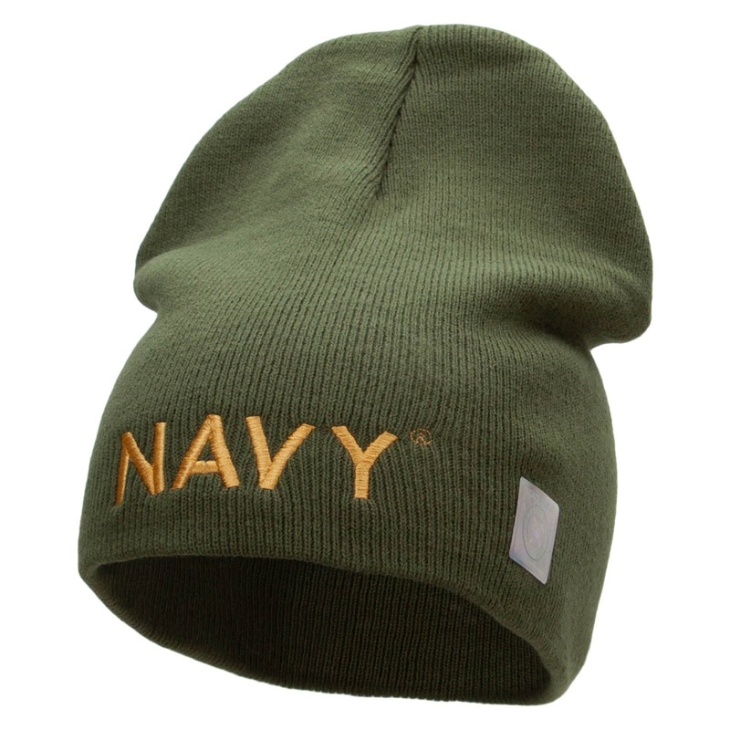 Navy Embroidered Short Beanie Made in USA Olive One Size