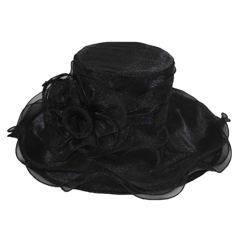 Ruffle Iridescent Organza Hat with Lily Flowers Black
