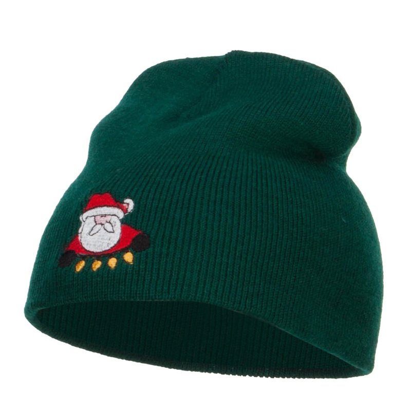 Santa with Christmas Lights Embroidered Short Beanie Dk Green One Size