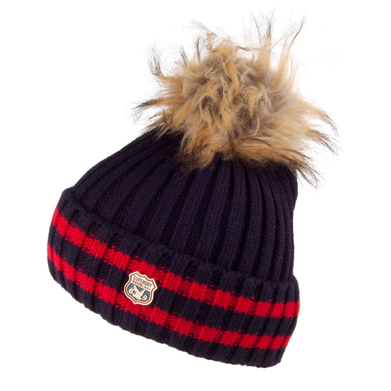 Superdry Aimee Stripe Faux Fur Bobble Hat – Navy Blue 1-Size