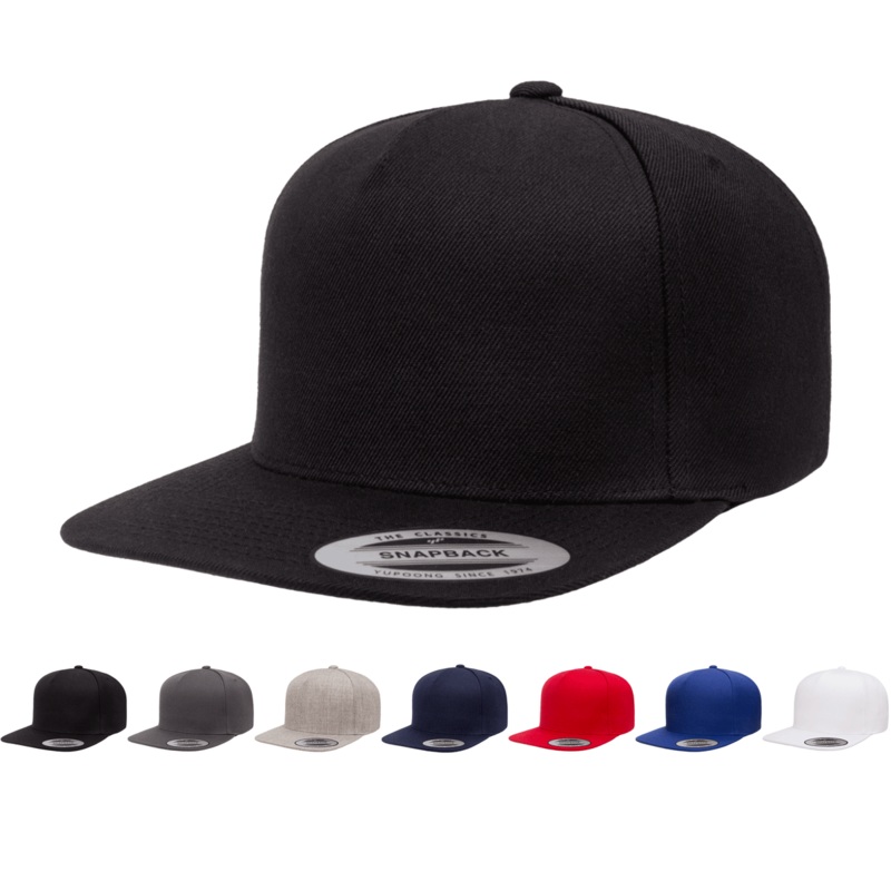 Yupoong 5089M Premium 5-Panel Snapback Hat, Flat Bill Cap – YP Classics Black