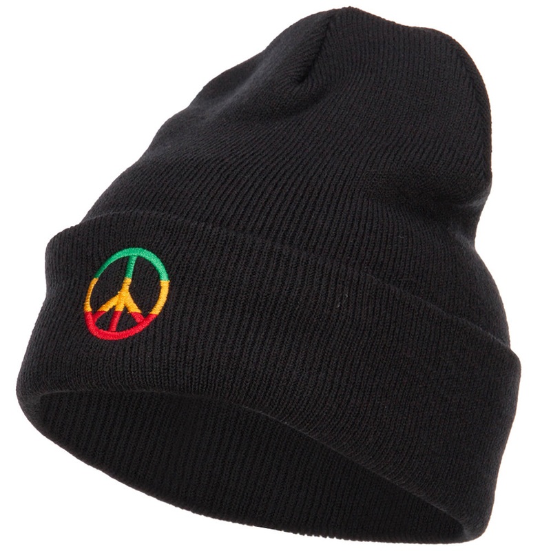 Rasta Peace Symbol Embroidered Long Beanie Black One Size