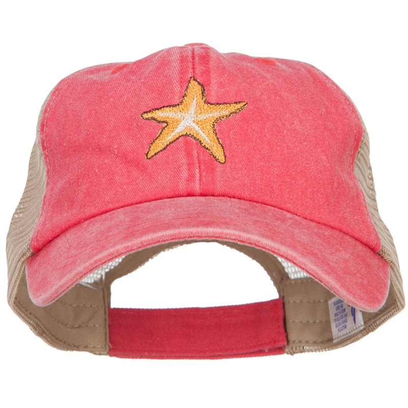 Starfish Embroidered Washed Trucker Cap Red Tan One Size