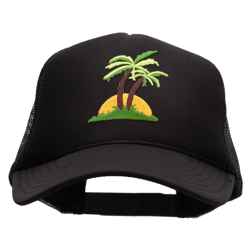 Two Palm Trees in Sunset Patched Foam Front Golf Style Mesh Back Cap Black One Size