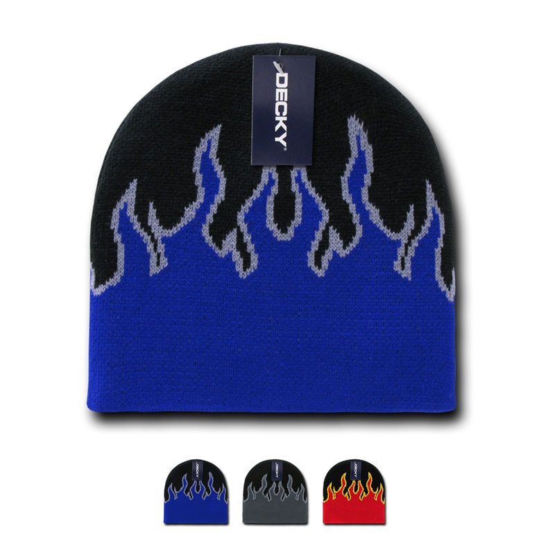 Decky 8003 – Fire Beanie, Flame Knit Cap Black/Blue/Grey
