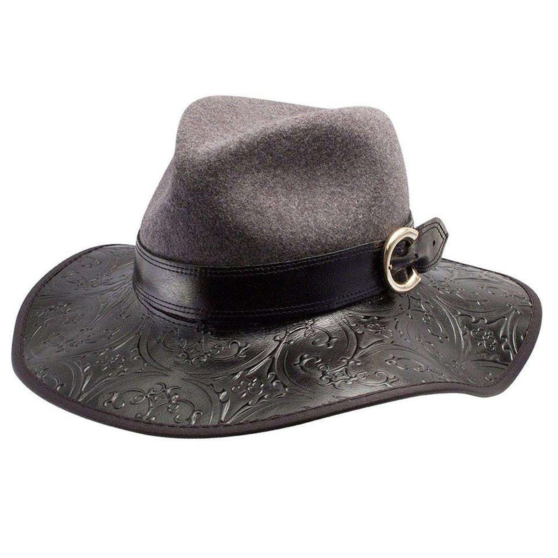 Janet – Embossed Brim Leather Hat -Black Black