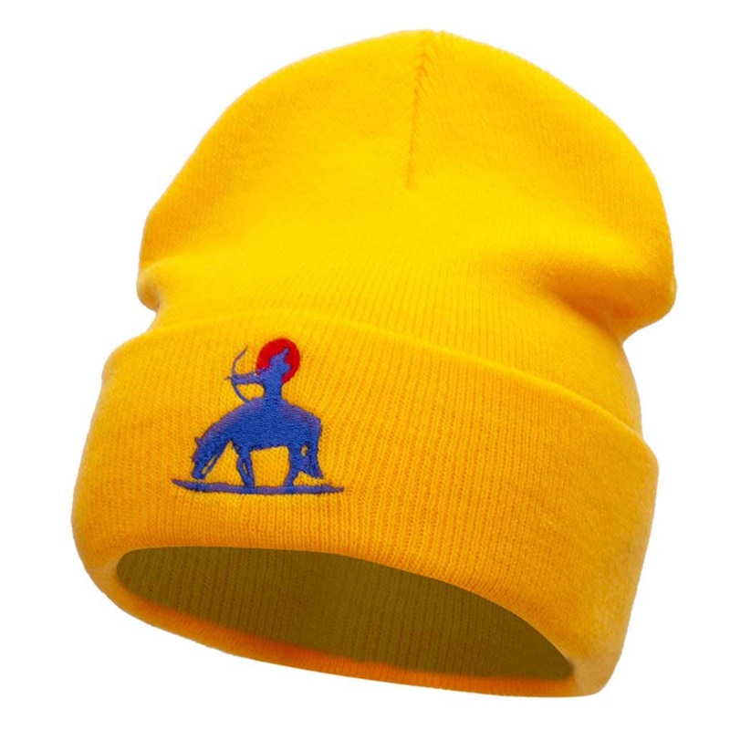 Native American Hunter Embroidered 12 Inch Long Knitted Beanie Yellow One Size