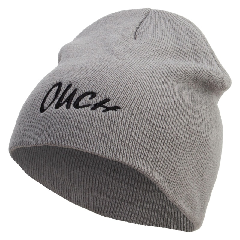 Ouch Embroidered 8 inch Acrylic Short Beanie Grey One Size