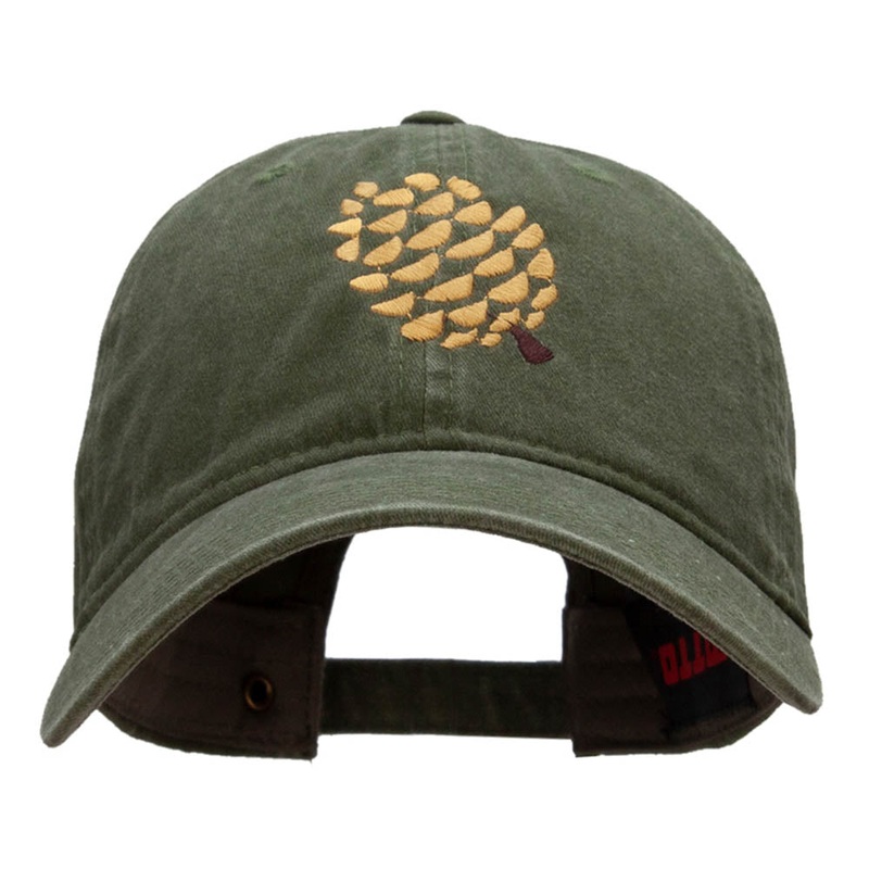 Pine Cone Embroidered Washed Solid Pigment Dyed Cotton Twill Brass Buckle Cap Olive One Size