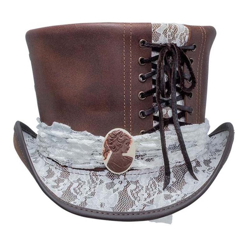Steampunk Corset Leather Top Hat – Steampunk Hatter Brown M (21 3/4″ – 22 1/4″)
