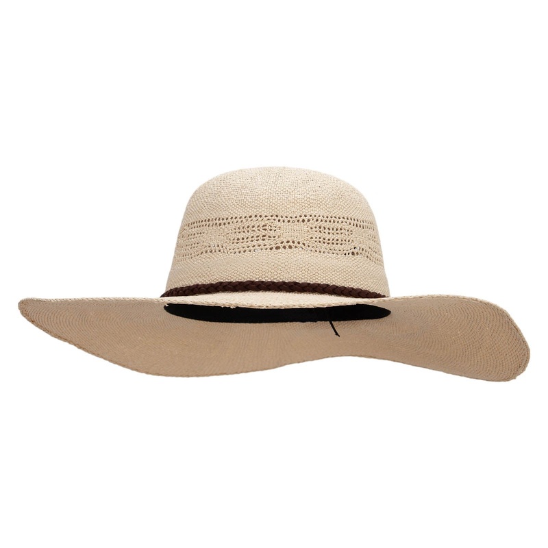 Tight Weave Braided Leather Tie 4.5″ Wide Brim Hat Natural One Size