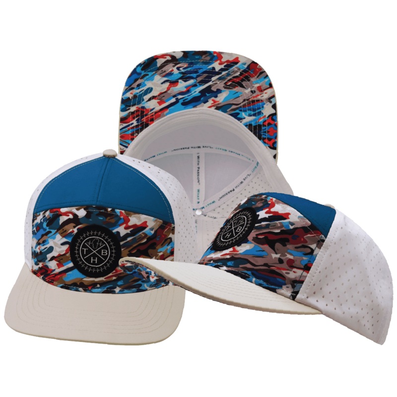 **YOUTH** Color Vibes Hat – Flat Bill – Party Camo – Cream / Blue / White – Laser Mesh