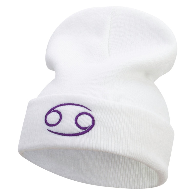 Cancer Astrology Embroidered 12 Inch Long Knitted Beanie White One Size