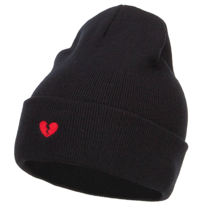 Mini Broken Heart Embroidered Long Beanie Black One Size