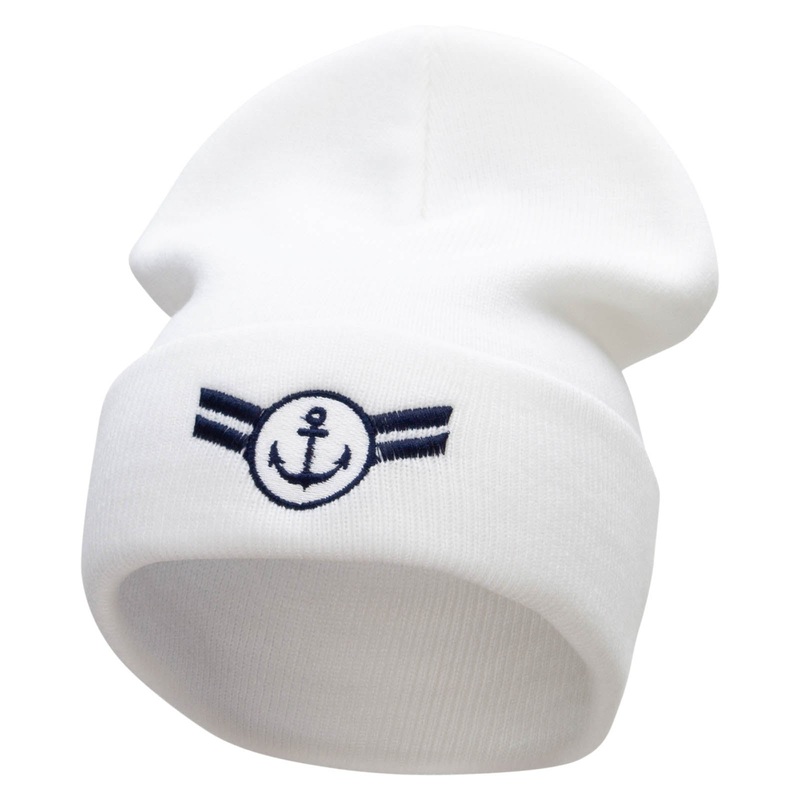 Navy Seal Badge Embroidered 12 Inch Long Knitted Beanie White One Size