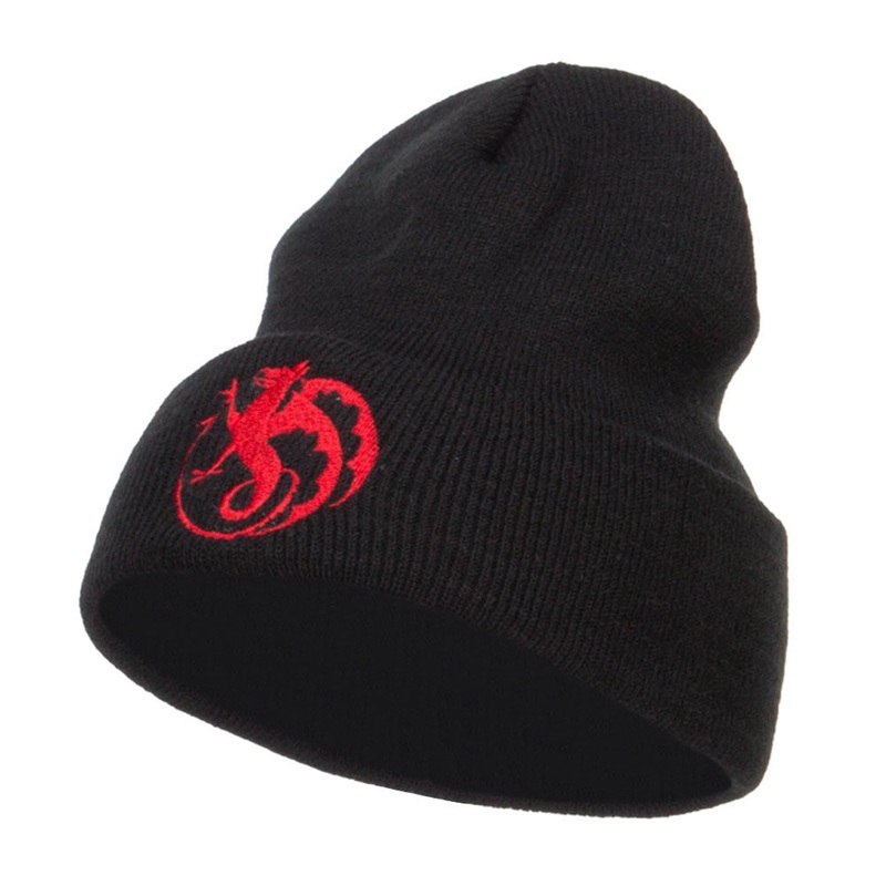 Wyvern Emblem Embroidered Long Beanie Black One Size