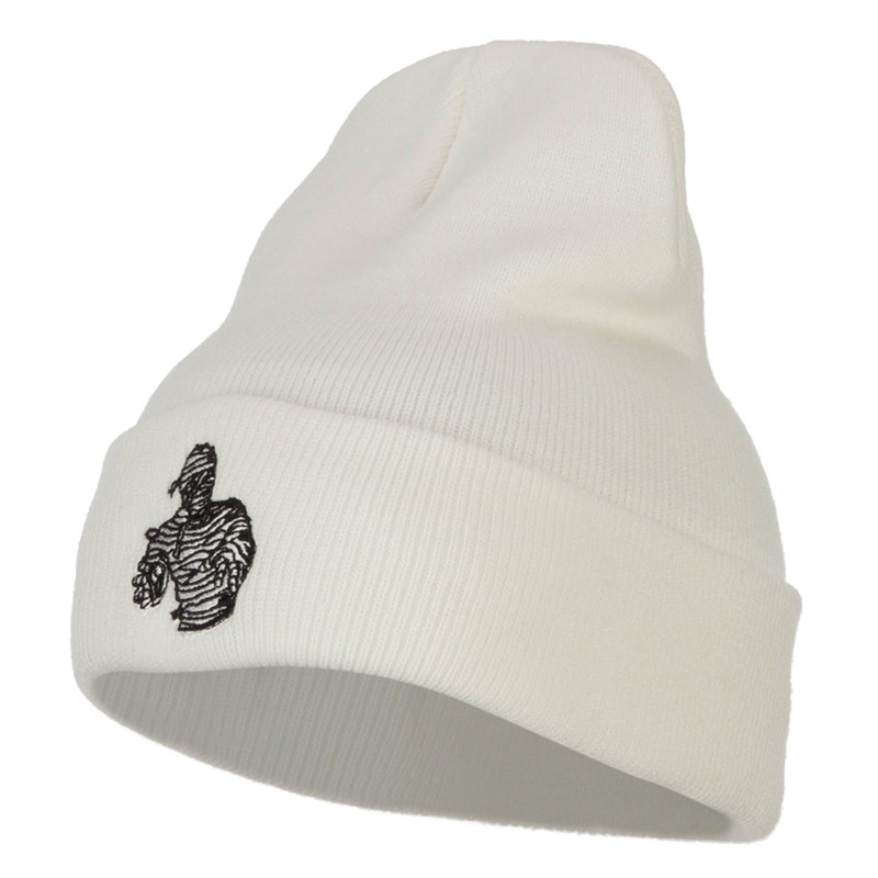 Halloween Mummy Embroidered Long Beanie White One Size