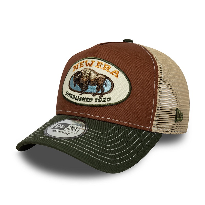 New Era Bison A-Frame Trucker Cap – Animal Patch – Brown-Olive-Sand Adjustable