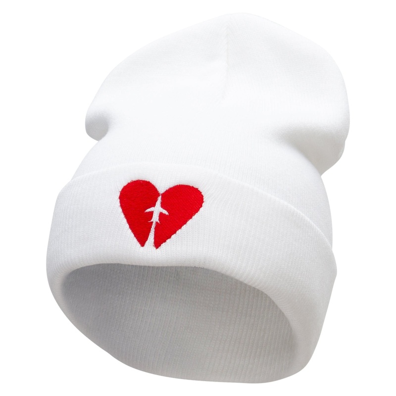 Plane Heart Embroidered 12 Inch Long Knitted Beanie White One Size