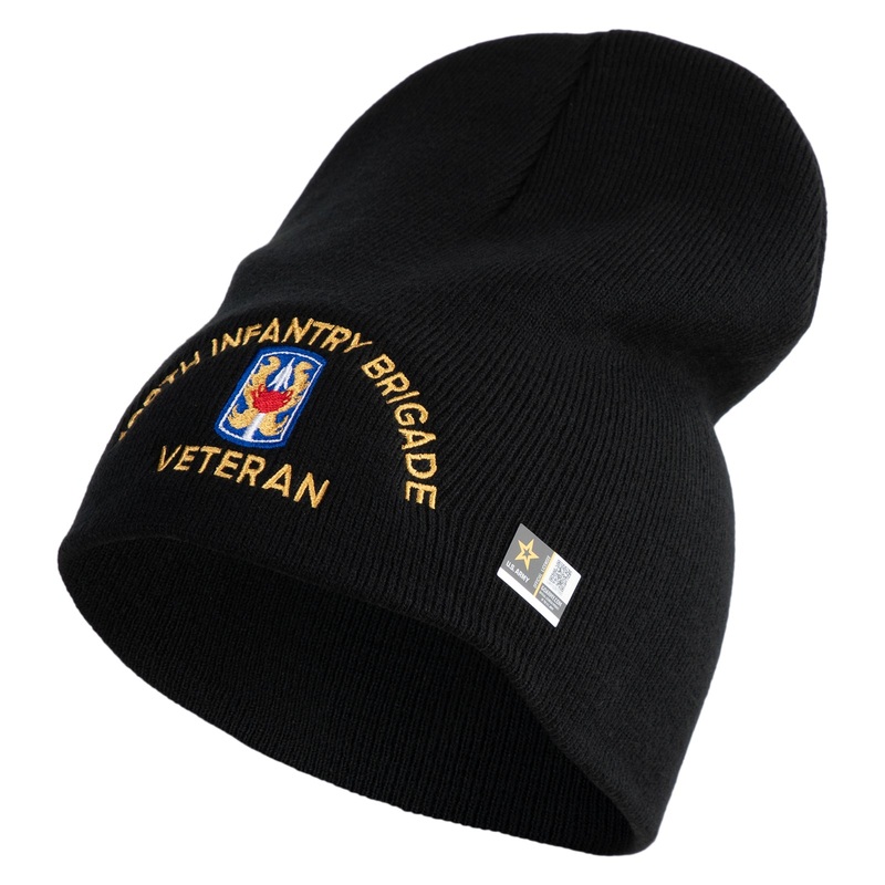 U.S. Army 199th Infantry Brigade Symbol Embroidered 8 Inch Solid Knit Short Beanie Made in USA Black One Size
