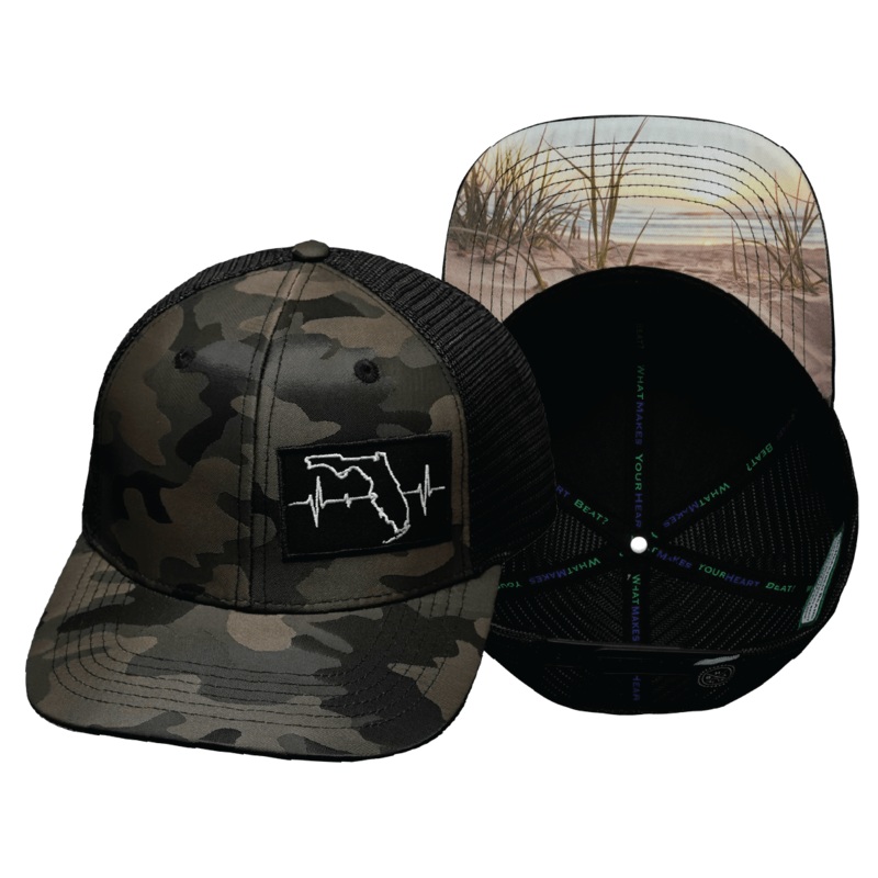 **YOUTH** Florida Hat – Baseball Hat Fit – Tan Camo / Black – Trucker Mesh