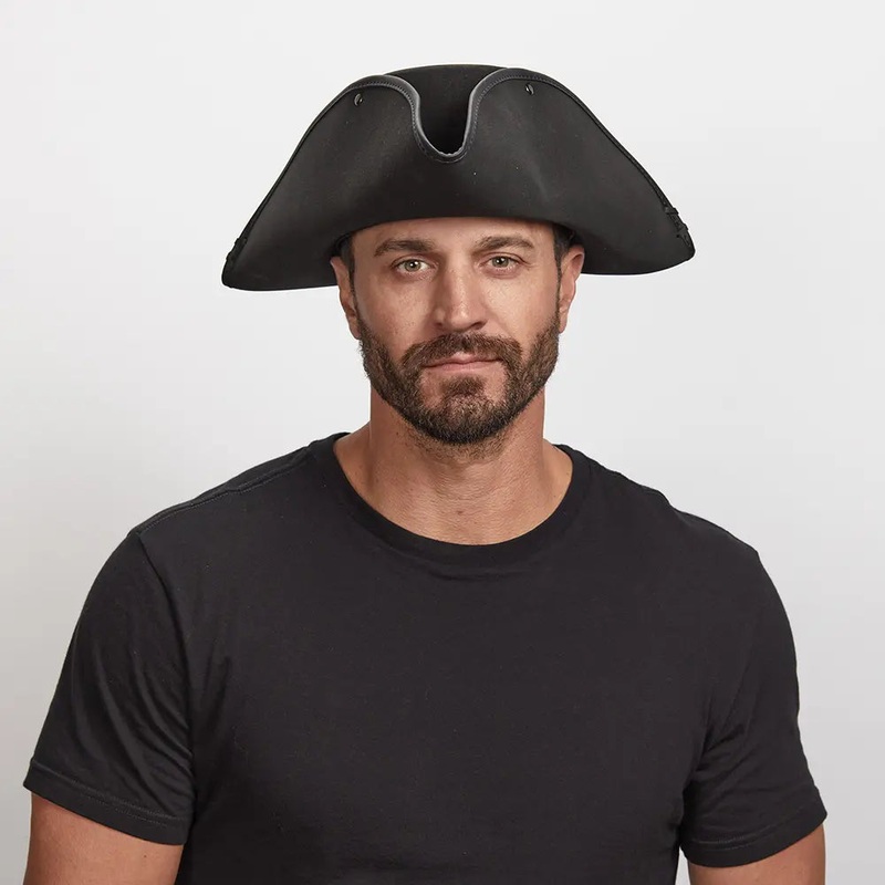 Blackbeard | Mens Tricorne Leather Pirate Hat Black MD