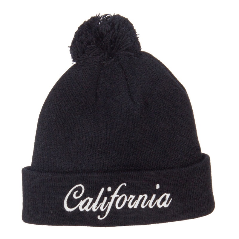 California Embroidered Pom Cuff Beanie Black One Size