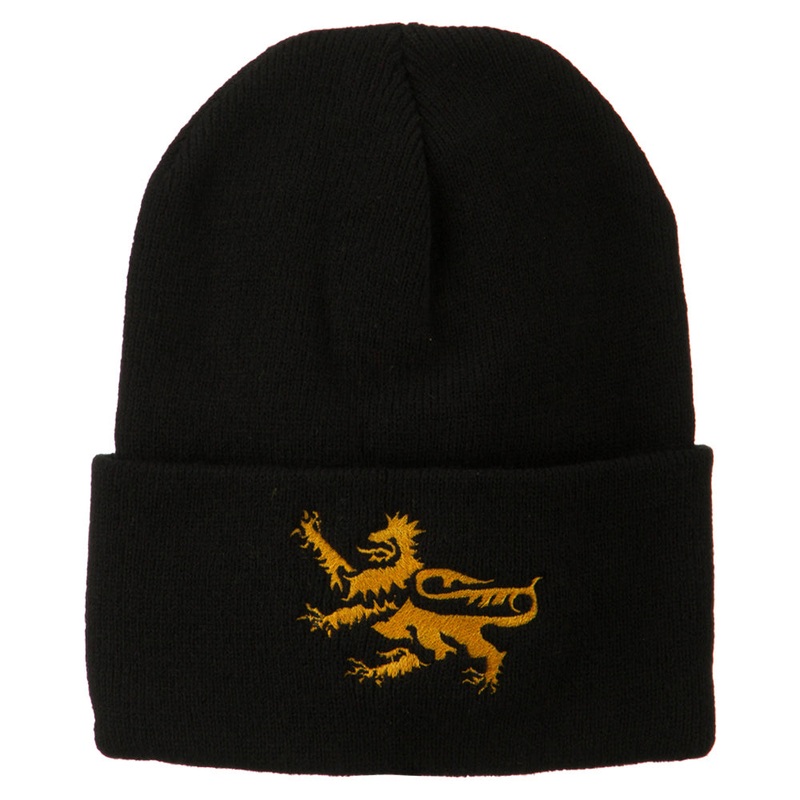 Lion Scroll Embroidered Long Beanie Black One Size